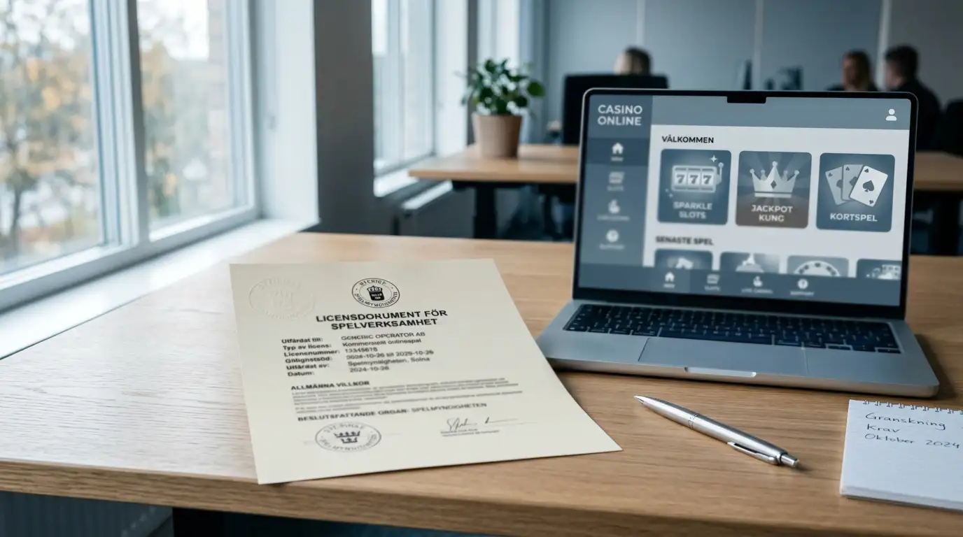 Casino utan Spelpaus 2026 — licensdokument och laptop med nätcasino